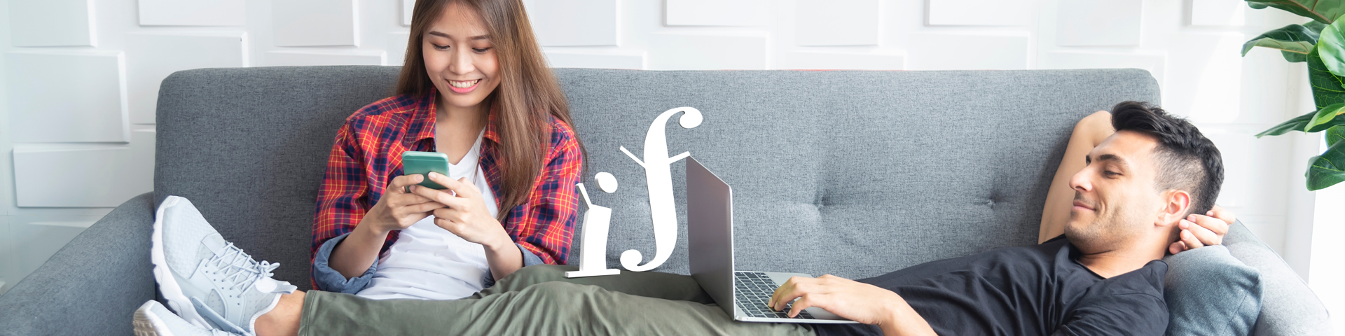 Couple Relaxing On Sofa At Home Using Mobile And Laptop To Play Work And Connect To Another People In T20 9L4xo6 Copy
