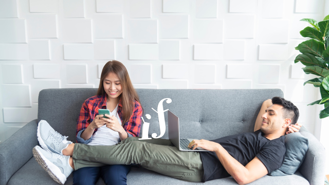 Couple Relaxing On Sofa At Home Using Mobile And Laptop To Play Work And Connect To Another People In T20 9L4xo6 Copy