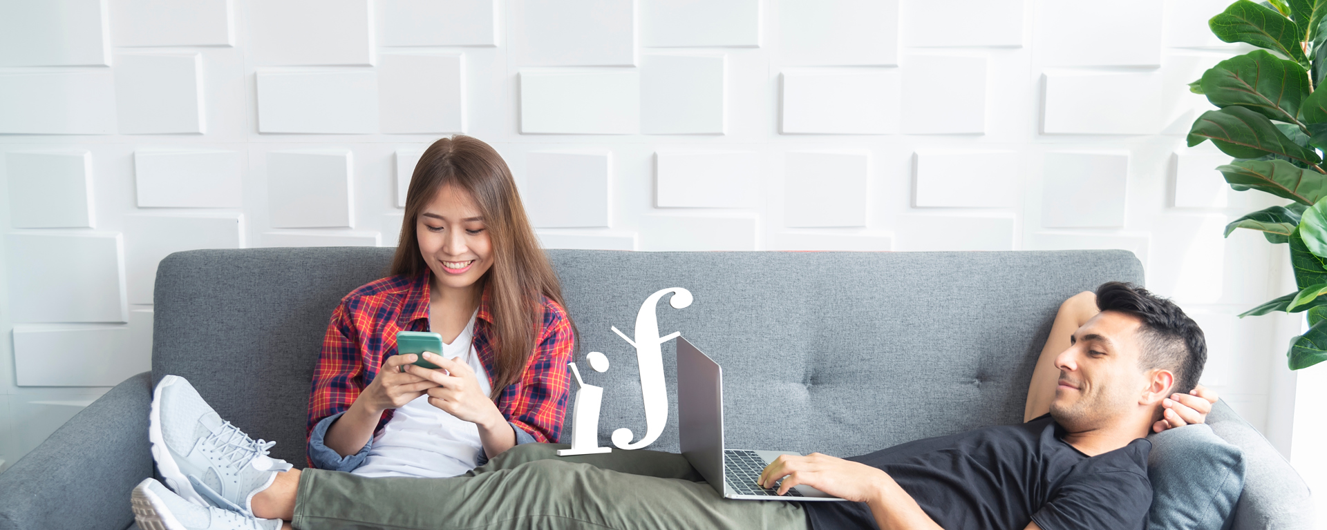 Couple Relaxing On Sofa At Home Using Mobile And Laptop To Play Work And Connect To Another People In T20 9L4xo6 Copy