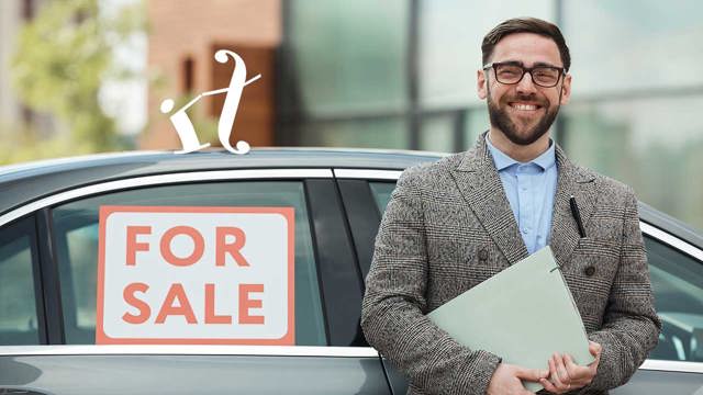 Man standing in front of car with for sale sign, holding a folder of papers. I and F characters are dancing on the roof of the car.