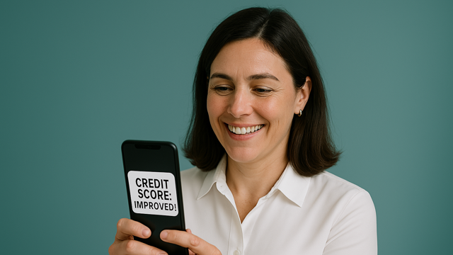 New Zealand woman holding phone showing improved credit score