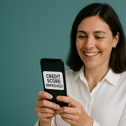 New Zealand woman holding phone showing improved credit score